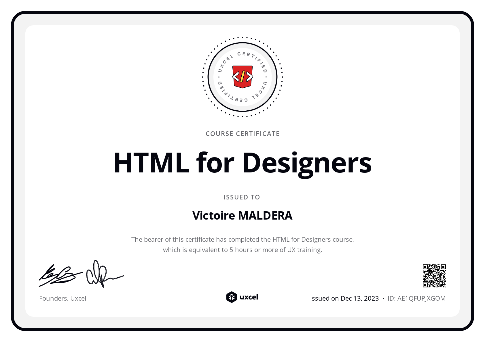 Victoire MALDERA's certificate